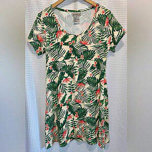 Women’s Guilty tropical stretchy Cotton dress‎ cream and green leaves size Large